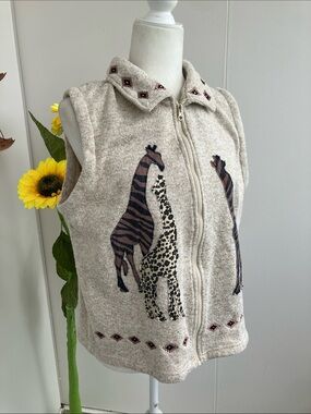 Vintage 80s 90s Animal Print Giraffe Zip Up Light Tan Cozy Collared Vest